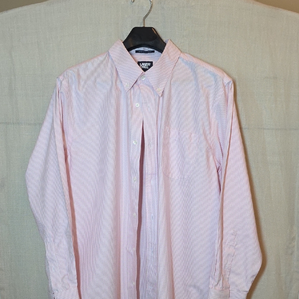Lands' End Men's Supima Cotton No Iron Pink and White Dress Shirt